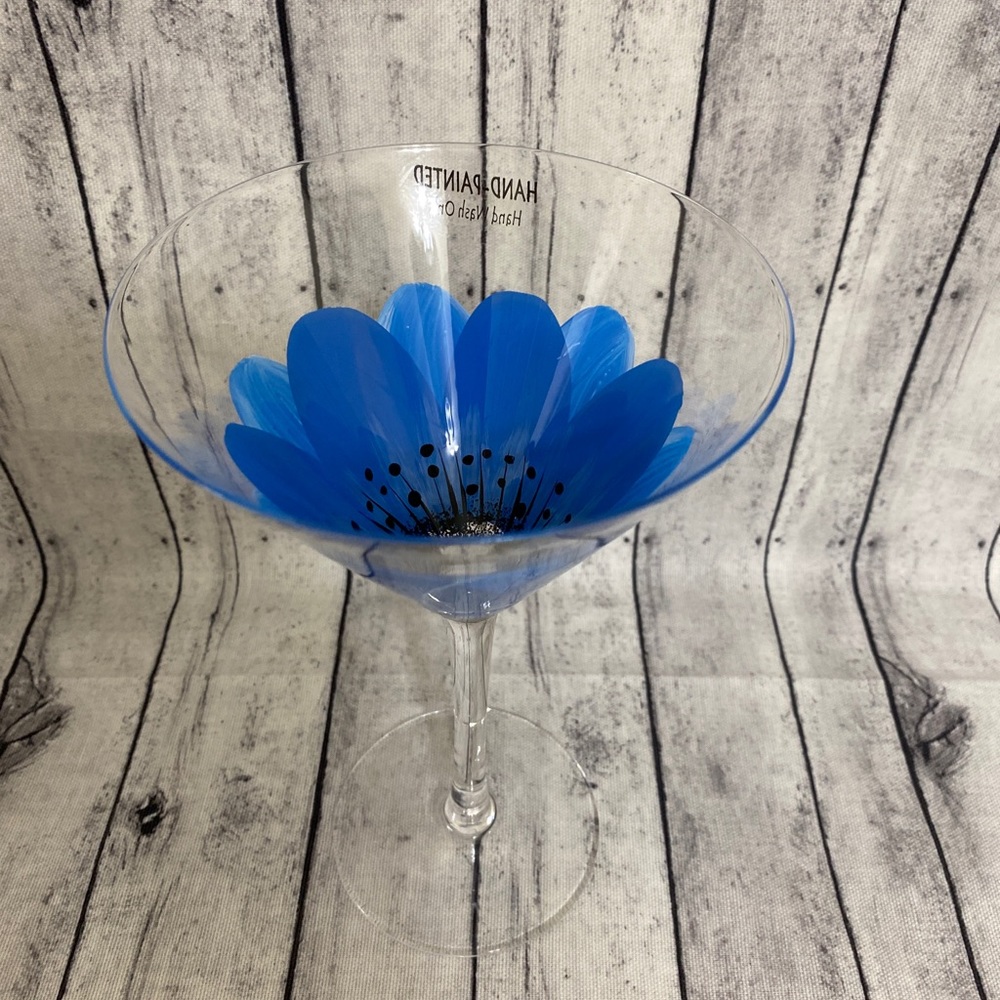 BLUE FLOWER HAND PAINTED MARTINI GLASS